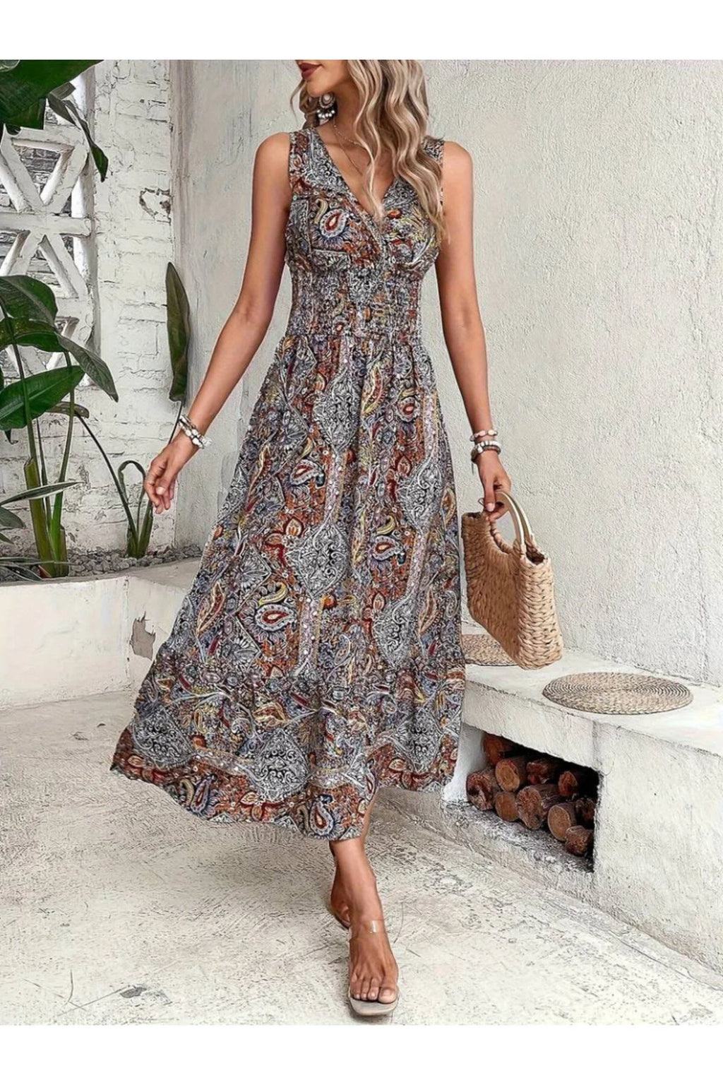 Kadın Beli Gipeli Etnik Desen Sıfır Kol Süprem Elbise