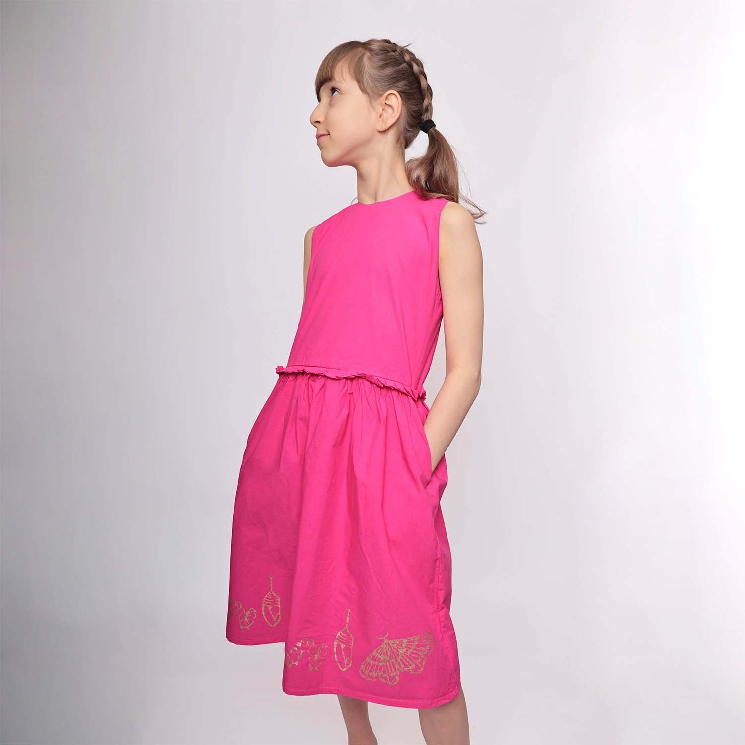 Pink Flower Girl Dress with Golden Hand Block Print-2