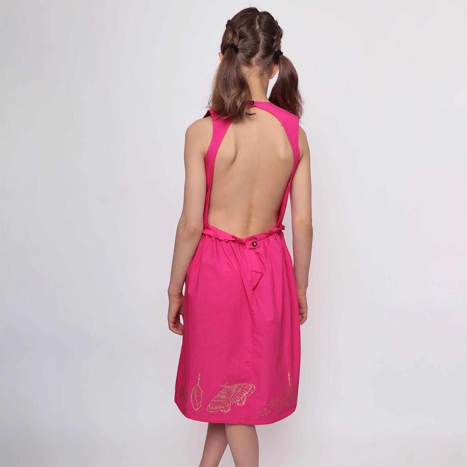 Pink Flower Girl Dress with Golden Hand Block Print-3