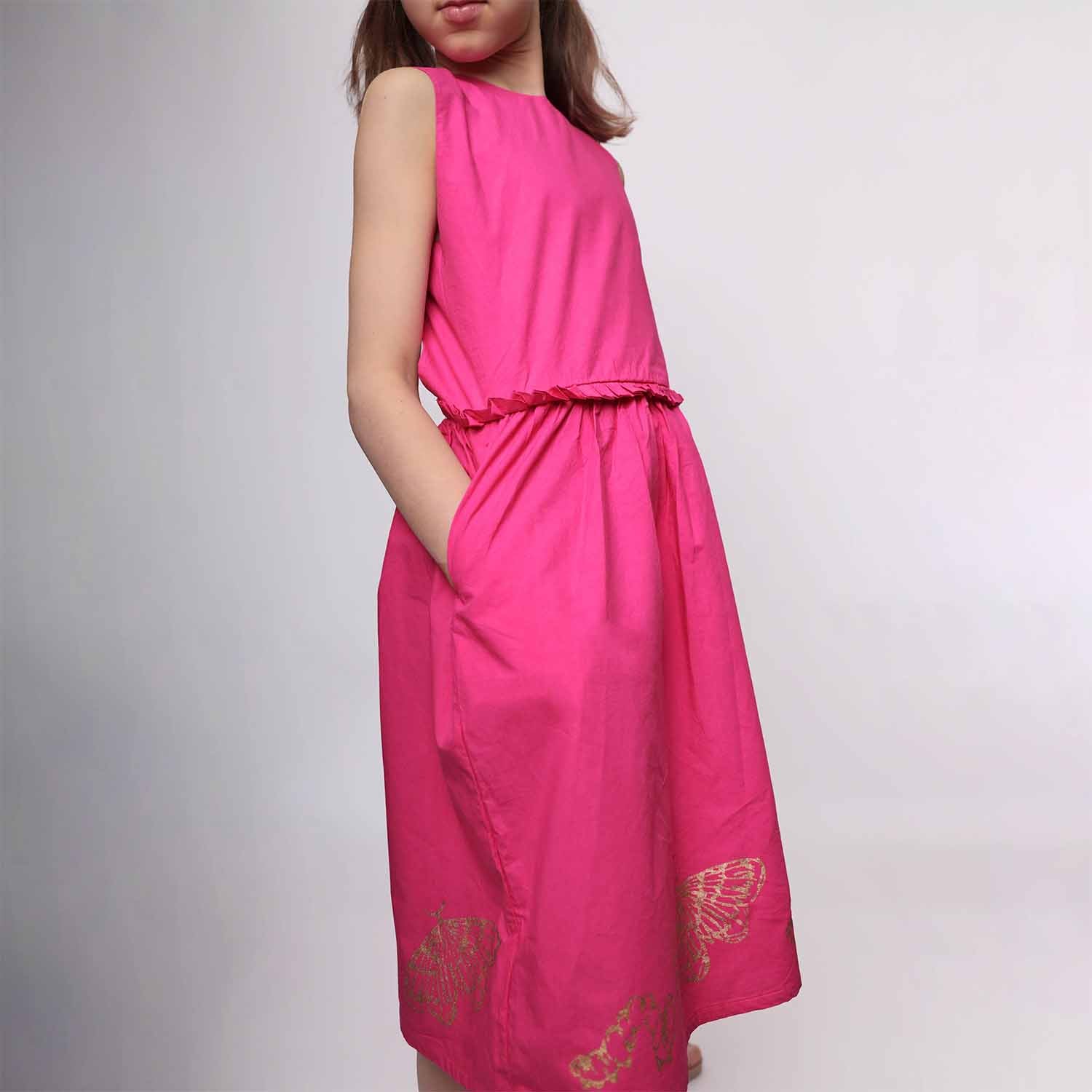 Pink Flower Girl Dress with Golden Hand Block Print-4