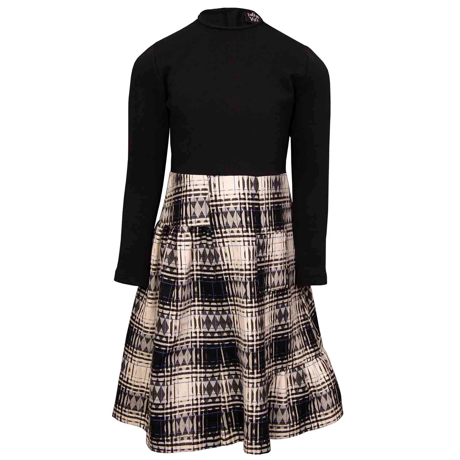 Girls Black Dress with Tartan Skirt in Black & White