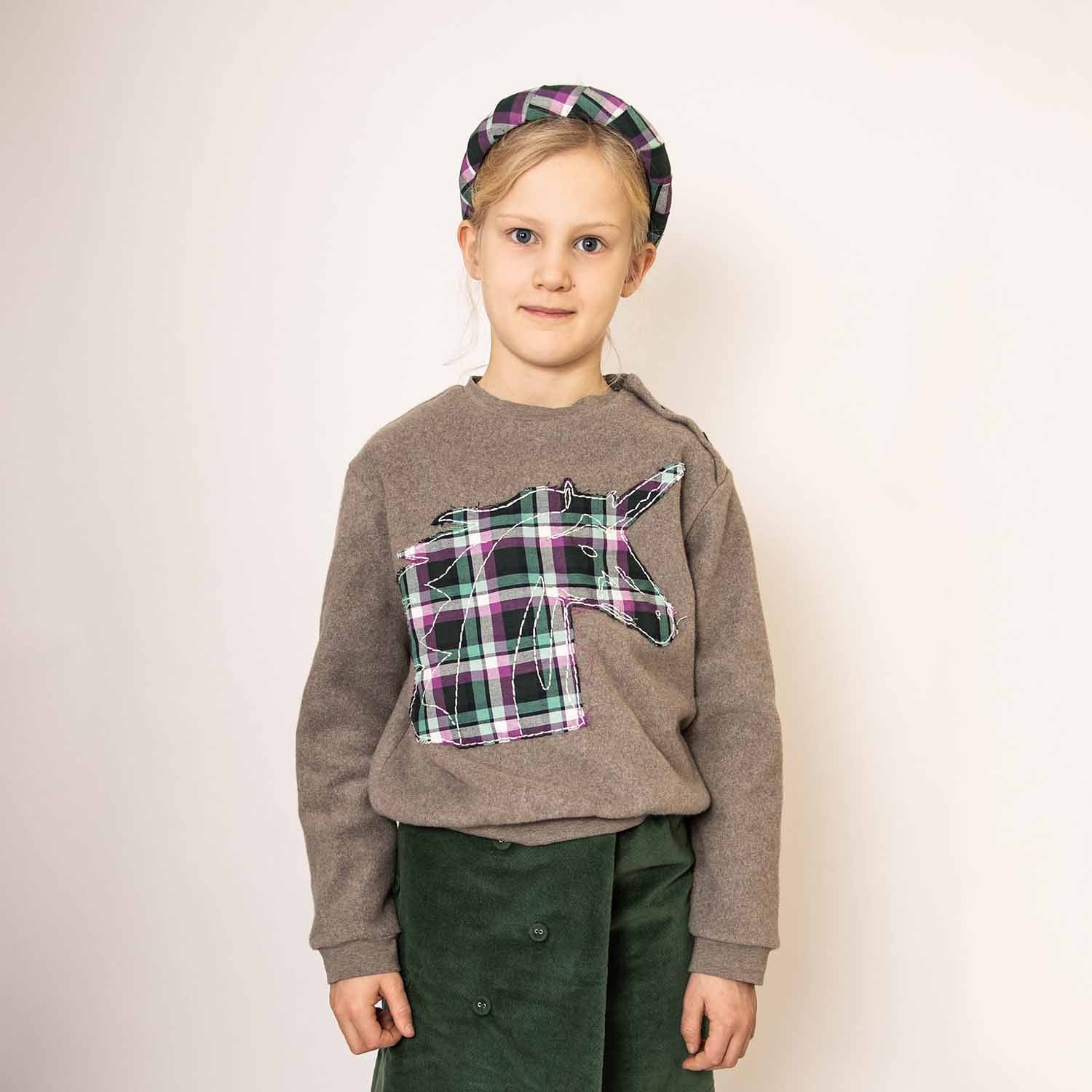 Beige Fleece Sweatshirt with Unicorn Appliqué