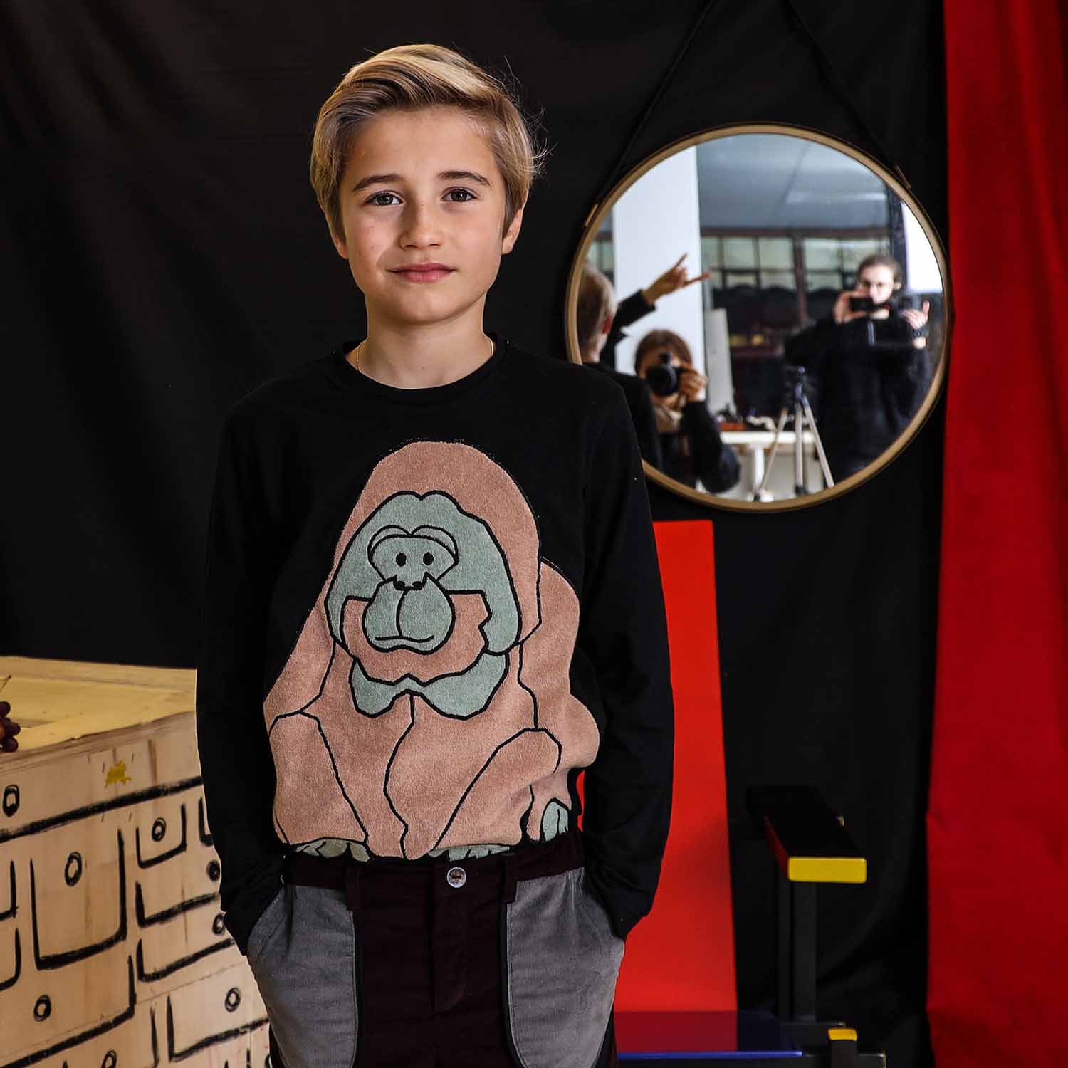 Kids Black Longsleeve Top with Orangutan Application-1