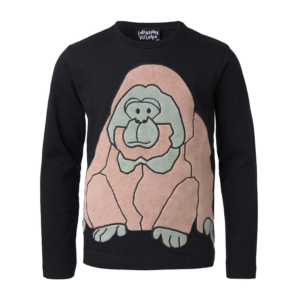 Kids Black Longsleeve Top with Orangutan Application-0